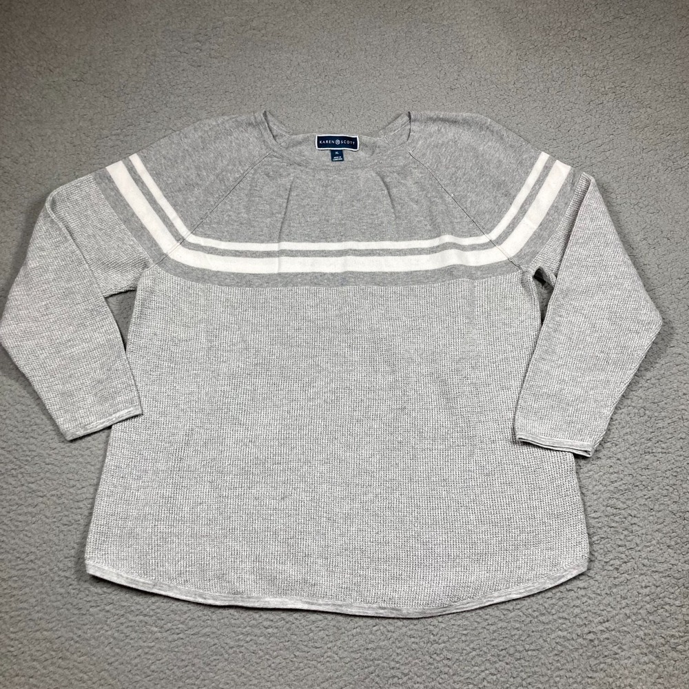 Karen Scott Sweatshirt Sweater Women's XL Gray White Stripe Long Sleeve Casual
